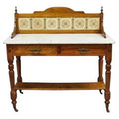 Antique Victorian Walnut Marble Top Washstand Good Luck Swastika Tile Backsplash