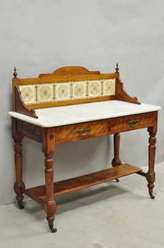 Antique Victorian Walnut Marble Top Washstand Good Luck Swastika Tile Backsplash