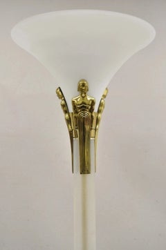 Vintage Postmodern Art Deco Figural Frosted Acrylic & Glass Torchiere Floor Lamp