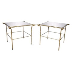 Vintage Italian Hollywood Regency Faux Bamboo Gold Mirror Low Side Tables - Pair