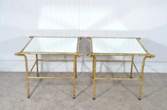 Vintage Italian Hollywood Regency Faux Bamboo Gold Mirror Low Side Tables - Pair