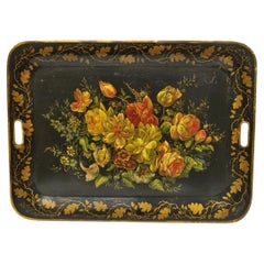 Antique French Country Tole Metal Hand Painted Floral Large Serving Platter Tray