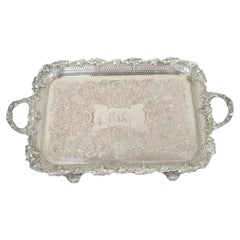 Antique Victorian Silver Plated Grapevine Repousse Platter Bar Tray w/ Monogram