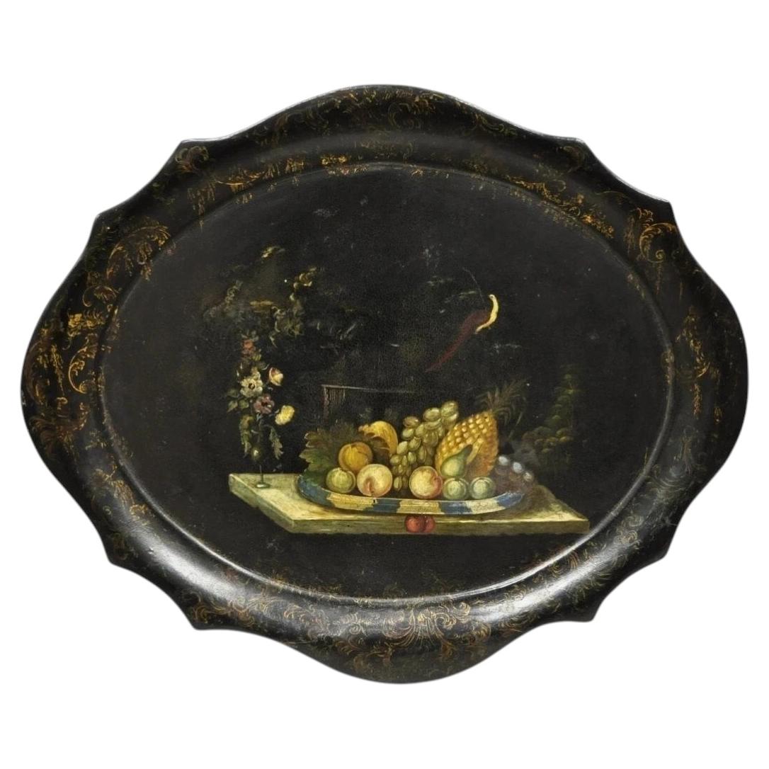 Antique French Papier Mache Tole Hand Painted Fruit Still Life and Bird Tray For Sale