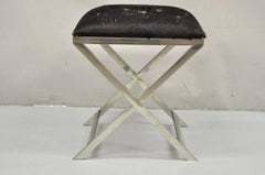 Modern Chrome Frame X-Form Metal Curule Stool with Cowhide Upholstery
