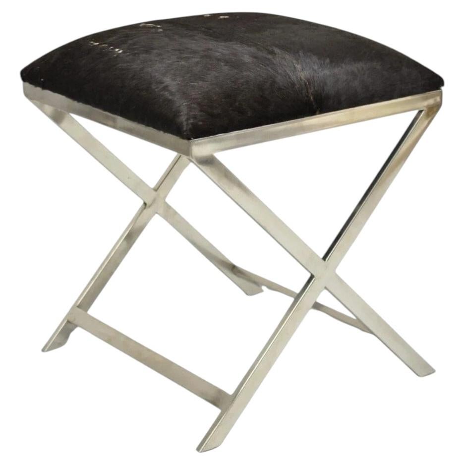 Modern Chrome Frame X-Form Metal Curule Stool with Cowhide Upholstery