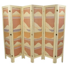 Vintage Oriental Fretwork Bone Lacquer Upholstered 6 Panel Room Divider Screen