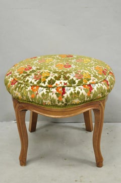 Vintage French Country Provincial Style Walnut Round Seat Vanity Bench Stool