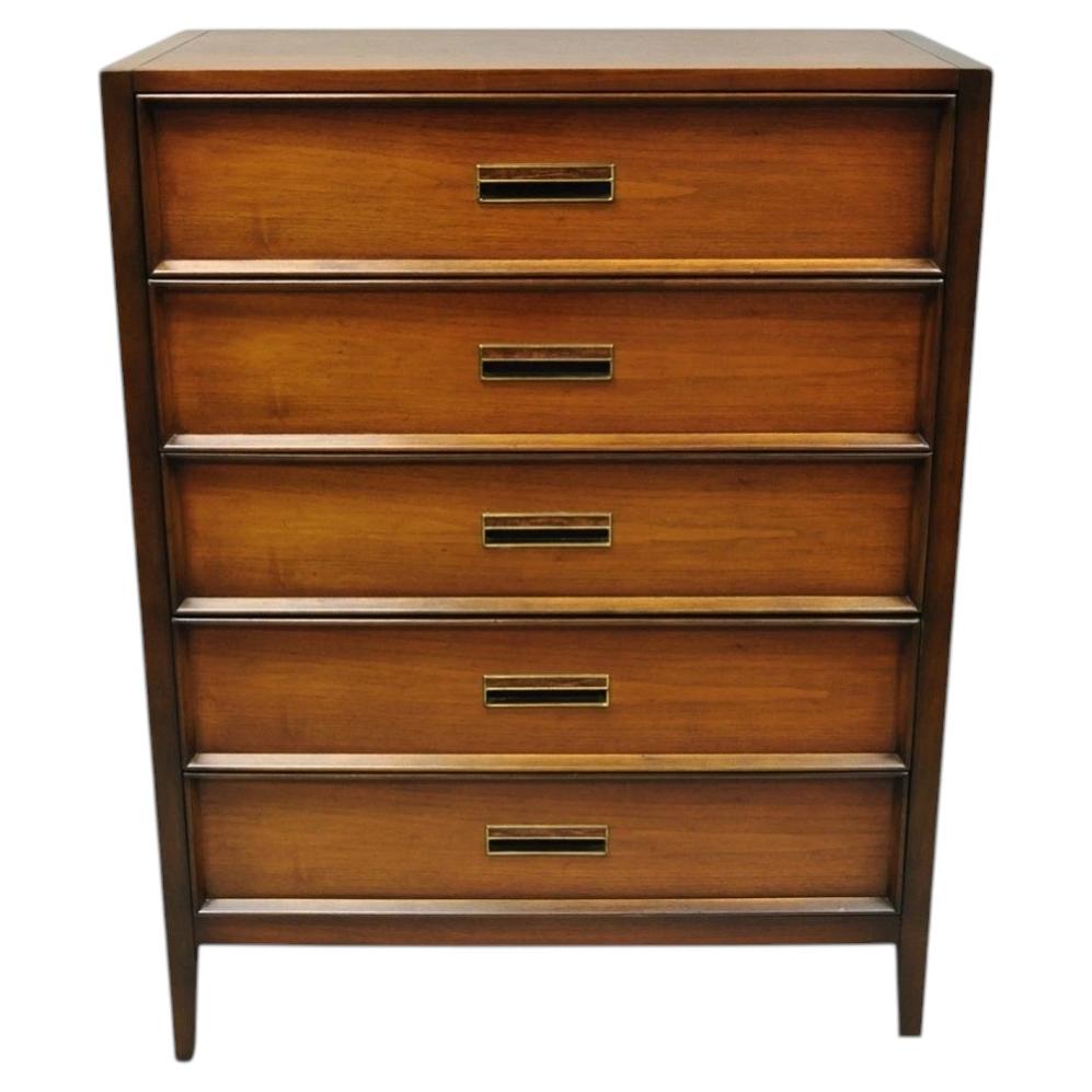 Pre-owned Drexel Vintage  Mid Century Modern Walnut 5 Drawer Tall Chest Dresser Highboy In Brown