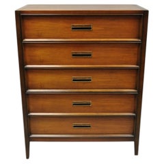 Vintage Drexel Mid Century Modern Walnut 5 Drawer Tall Chest Dresser Highboy