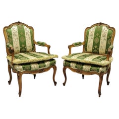 Antique French Louis XV Style Green & Gold Walnut Fauteuil Arm Chairs - a Pair