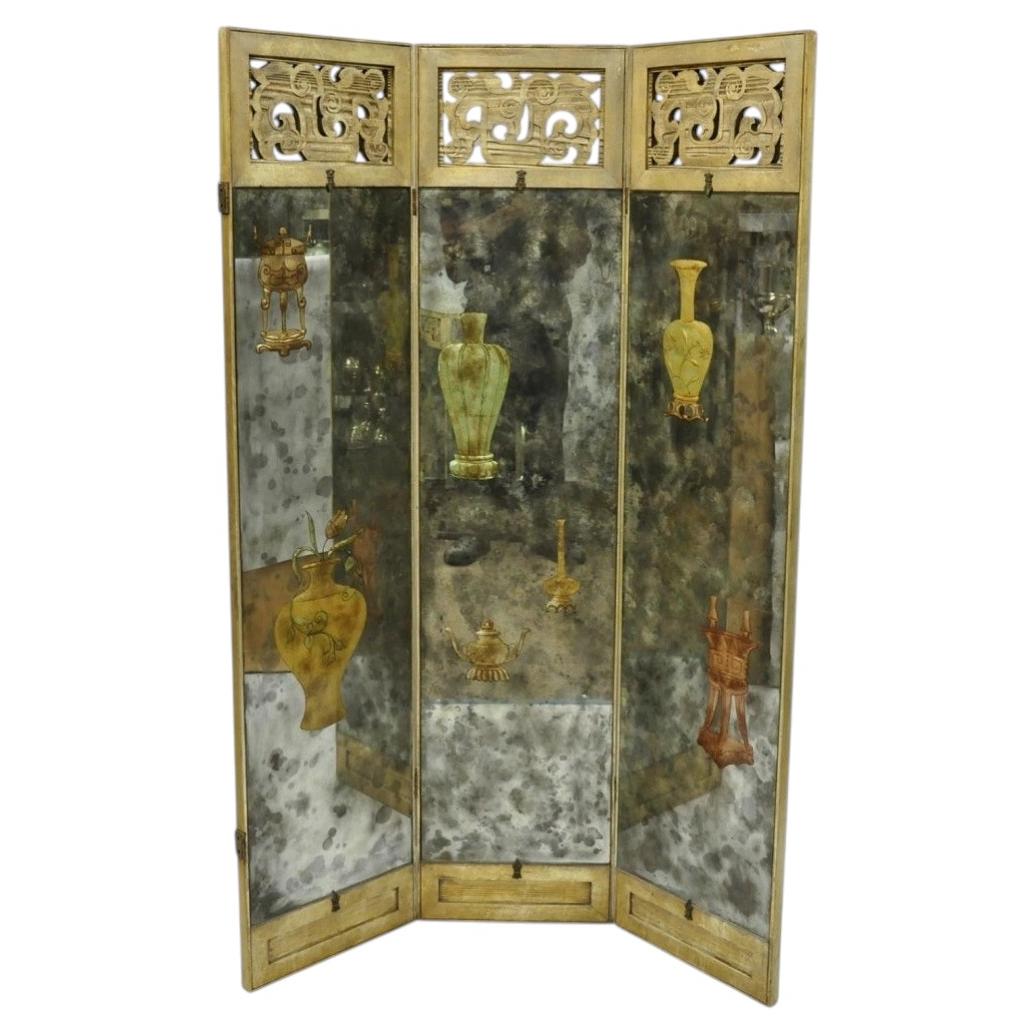 Antique Chinoiserie Oriental Eglomise Antiqued Mirror Glass 3 Panel Room Screen For Sale