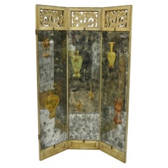 Antique Chinoiserie Oriental Eglomise Antiqued Mirror Glass 3 Panel Room Screen