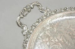Antique English Victorian Silver Plated Repousse Oval Serving Platter Bar Tray