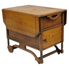 Antique Arts & Crafts Oak Wood Rolling Bar Cart Liquor Cabinet by Lammert's