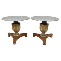 Vintage Italian Neoclassical Style Urn Pedestal Round Marble Side Tables - Pair