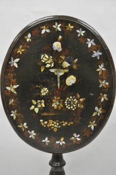 Antique English Victorian Mother of Pearl Inlay Black Lacquer Tilt Top Table
