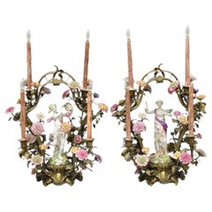 French Louis XV Repro Bronze & Porcelain Candelabra Lamps by United Wilson, Pair