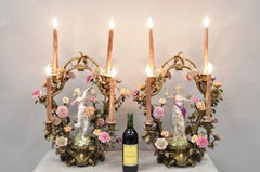 French Louis XV Repro Bronze & Porcelain Candelabra Lamps by United Wilson, Pair