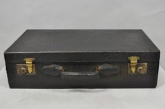 Vintage German Art Deco Dark Brown Black Buffalo Leather Travel Suitcase Luggage