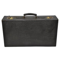 Vintage German Art Deco Dark Brown Black Buffalo Leather Travel Suitcase Luggage
