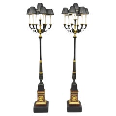 French Empire 68" Tall Bronze & Marble Lighted Candelabra Torchiere Floor Lamps