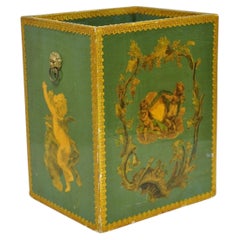 Vintage Italian Venetian Decoupage Green Gold Papier Mache Wastebasket Trash Can