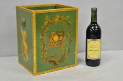 Vintage Italian Venetian Decoupage Green Gold Papier Mache Wastebasket Trash Can
