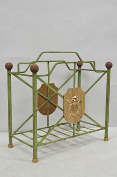 Vintage Italian Neoclassical Green Wrought Iron Book Magazine Rack w/ Shield