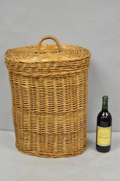 Vintage Mid Century Modern Handwoven Wicker Rattan Laundry Basket w Lid
