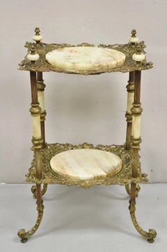 Antique French Victorian Bronze 2 Tier Onyx Stone Plant Stand Accent Side Table