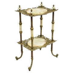 Antique French Victorian Bronze 2 Tier Onyx Stone Plant Stand Accent Side Table