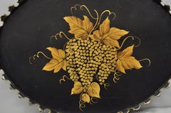 Vintage French Country Black and Gold Hand Painted Oval Toleware Serving Tray