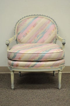 Vintage French Louis XVI Pink Blue Carved Bergere Boudoir Lounge Arm Chair