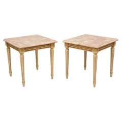 Vintage French Louis XVI Style Pink Marble Top Low Drinks Side Tables - a Pair