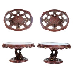 Vintage Mediterranean Style Carved Syroco Glass Top Round Low End Tables - Pair