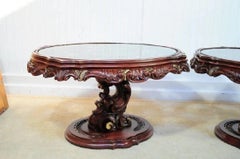 Vintage Mediterranean Style Carved Syroco Glass Top Round Low End Tables - Pair