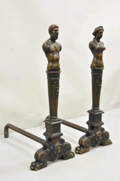 Antique French Renaissance Large Figural Bronze Man & Woman Bust Andirons - Pair