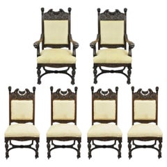 RJ Horner Attr Renaissance Figural Lion Carved Oak Wood Dining Chairs - Set of 6