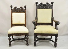 RJ Horner Attr Renaissance Figural Lion Carved Oak Wood Dining Chairs - Set of 6