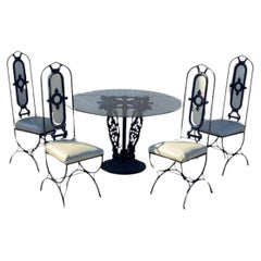 Vintage Hollywood Regency Curule Chair Wrought Iron Round Dining Set - 5 Pc Set