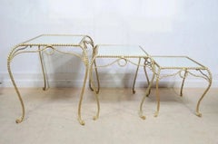 Vintage Italian Hollywood Regency Gold Rope Mirror Top 3 Pc Nesting Side Tables
