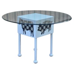 Farmhouse "Butcher" Cow & Pig Painted White & Black Metal & Glass Dining Table