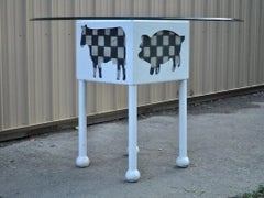 Farmhouse "Butcher" Cow & Pig Painted White & Black Metal & Glass Dining Table