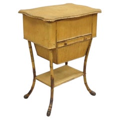 Antique English Victorian Bamboo Rattan Sewing Box Work Stand Side Table
