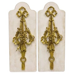 French Louis XV Gold Gilt Bronze Ribbon Drape Large Wall Plaque Sconces - a Pair