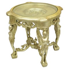 Vintage Art Deco Carved Female Dancer Silver Gold Round Coffee Side Table