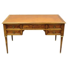 Vintage French Louis XVI Style Burl Walnut Tooled Leather Top Writing Desk