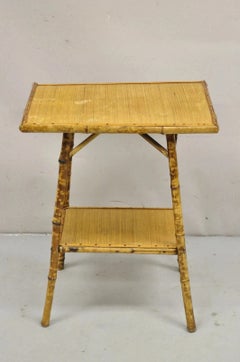Antique English Victorian Bamboo and Cane 2 Tier Plant Stand Side Table