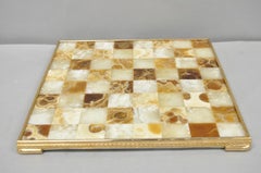 Vintage Mid Century Modern Mosaic Brown Onyx Stone Chess Game Checkerboard